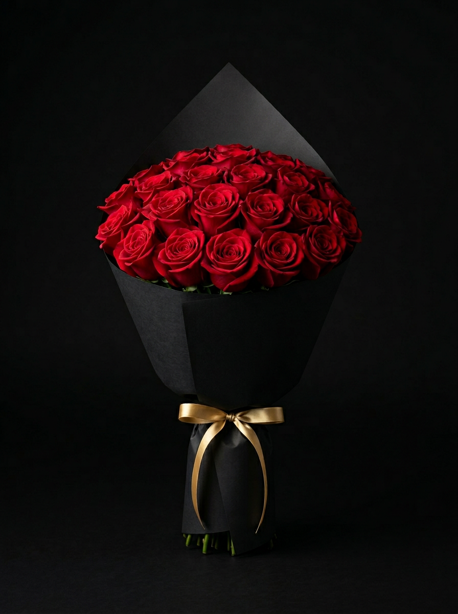Bouquet Classic Rose en papel negro y cinta dorada